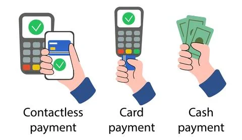 Payment Methods Set. Contactless, Card, Cash Payments. Hands paying Stock Illustration
