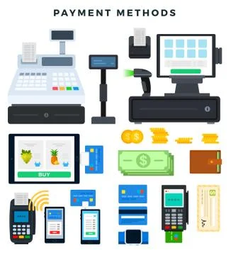 Payment methods, set. Icons, illustrating ways of payment. Vector illustration Stock Illustration