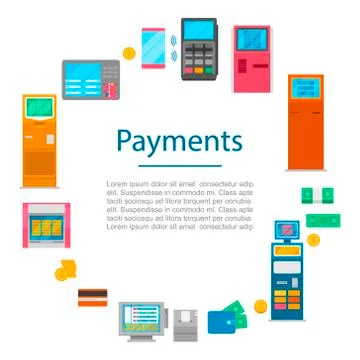 Payment methods vector concept with digital currency, cash money, bank system Stock Illustration