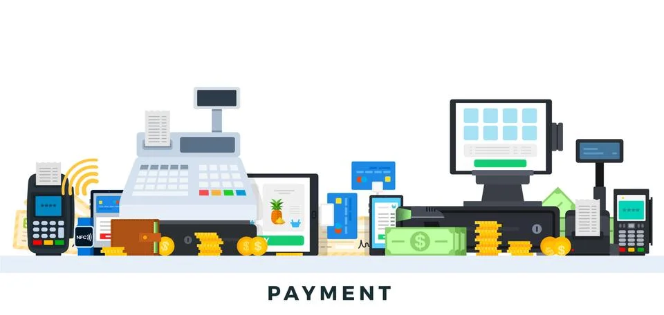 Payment methods vector flat illustrations. Payment methods in retail and online Stock Illustration