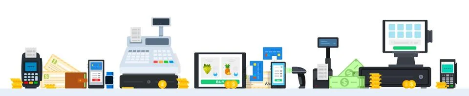 Payment methods. Vector flat illustrations. Set up payment methods in retail and Illustrazione stock