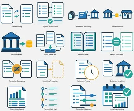 Payment operations reconciliation workflow graphic Stock Illustration