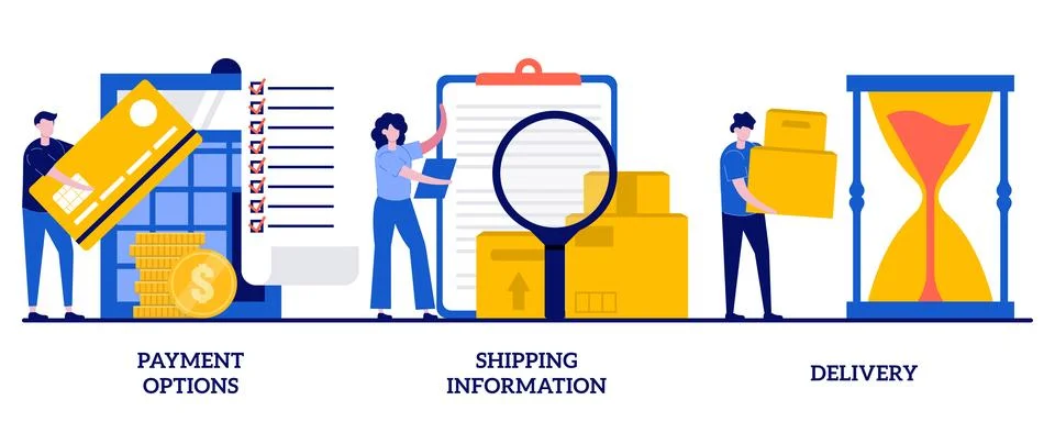 Payment options, shipping information, delivery concept with tiny people. O.. Stock Illustration