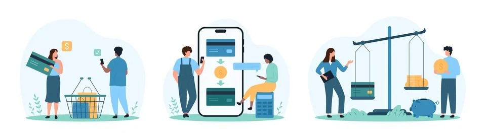 Payment planning set, tiny people weigh credit card and coins, transfer, send Stock Illustration