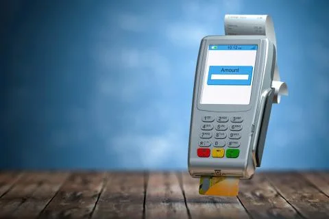 Payment POS teminal with receipt and credit card on blue background. Stock Illustration