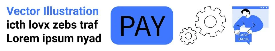 Payment Process with Pay Button, Gear Icons, and Cashback Illustration Ilustração Stock
