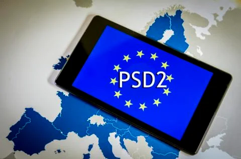 Payment Services Directive 2,smartphone, EU flag and map. Stock Photos