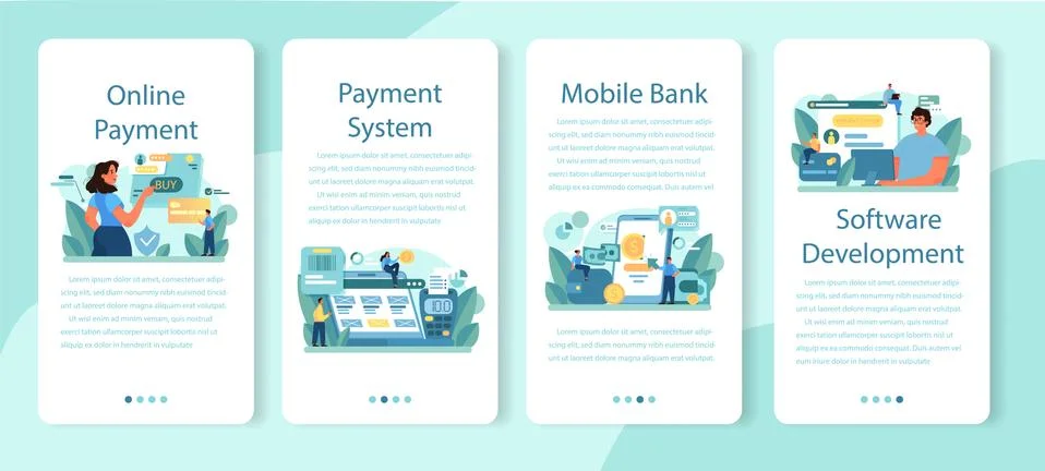 Payment system mobile application banner set. Website payment system Stock Illustration