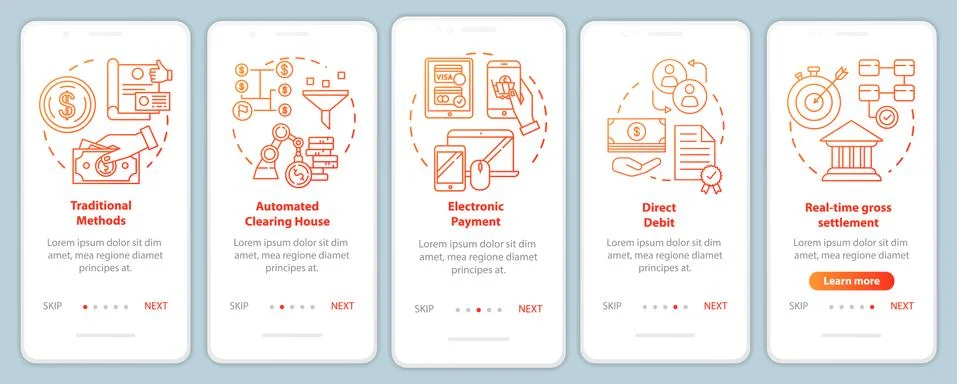 Payment systems onboarding mobile app page screen vector template. Electronic Stock Illustration