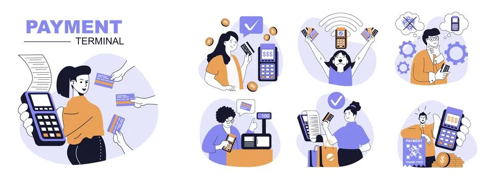 Payment terminal concept set in flat web design. People in isolated scenes .. Stock Illustration