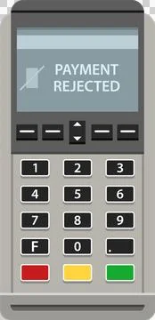 Payment terminal displaying a 'Payment Rejected' message with a keypad and .. Illustrazione stock