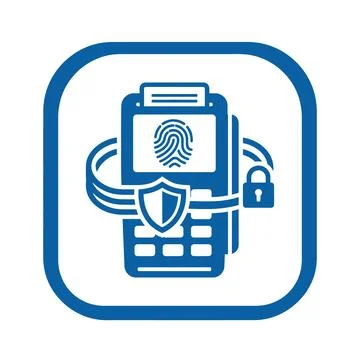 Payment terminal icon secure transaction with fingerprint shield lock blue .. Stock Illustration