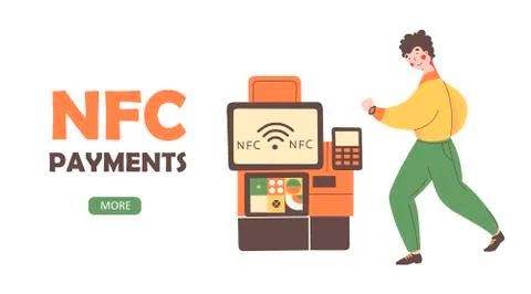 Payment terminal nfc, flat vector landing page template. Safe payment. Man pays Stock Illustration