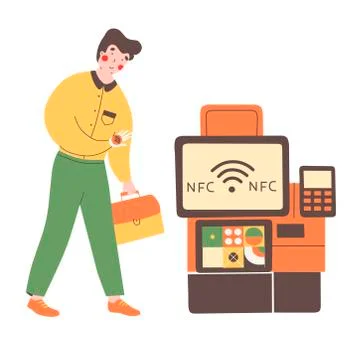 Payment terminal nfc, flat vector illustration. Safe payment. Man pays for the Stock Illustration