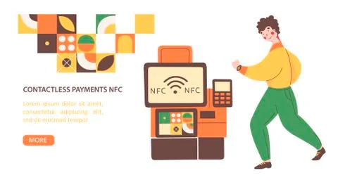 Payment terminal nfc, flat vector landing page template. Safe payment. Man pays Stock Illustration