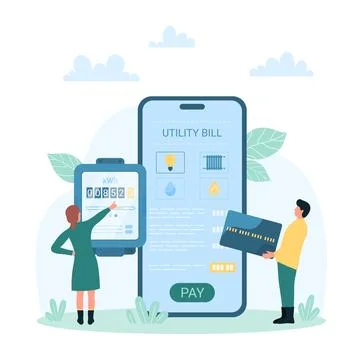 Payment of utility bills in mobile app, tiny people check electric meter Stock Illustration