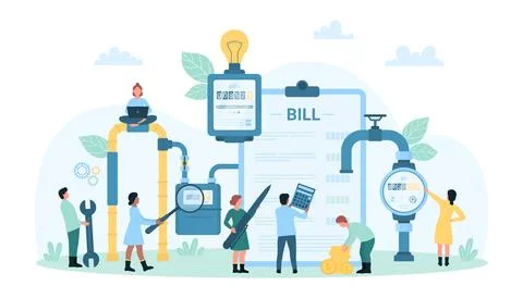 Payment of utility bills, tiny people check energy consumption on meter Stock Illustration