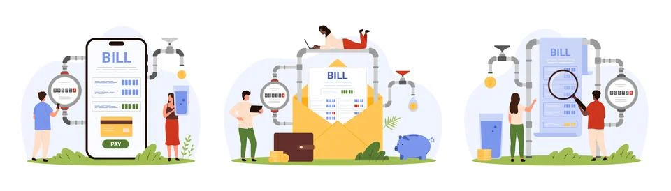 Payment of utility services, tiny people pay for water consumption according to 스톡 일러스트