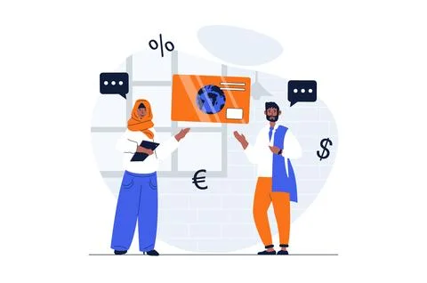 Payment web concept with character scene. Arabic muslim man and woman using o Stock Illustration