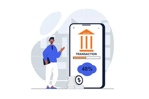 Payment web concept with character scene. Man using online banking and maki.. Stock Illustration