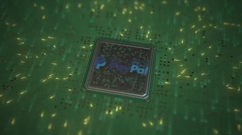 PAYPAL logo on the chip on computer board. Conceptual editorial 3d rendering Stockillustratie