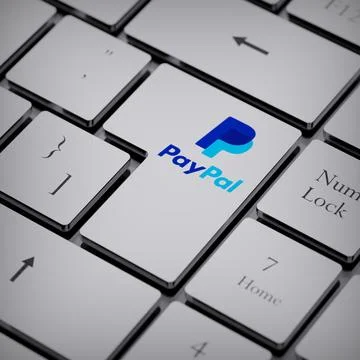 PayPal logo notebook keycap 3d illustration stock market editorial Stock-Fotos
