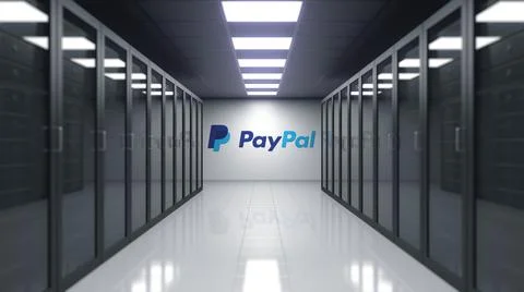 PayPal logo on the wall of the server room. Editorial 3D rendering Stock Illustration