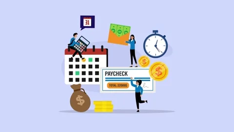 Payroll and Payday Concept with Tiny People, Paycheck, Calendar, Money, and.. Stock Footage 337944996