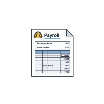 Payroll document icon with figures with features a small building icon at the Stock Illustration