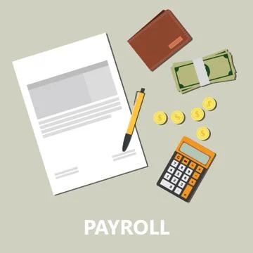 Payroll with document paper pencil gold coin money wallet and calculator vector Stock Illustration
