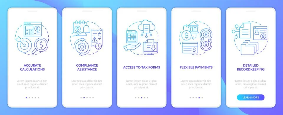 Payroll management software pros blue gradient onboarding mobile app screen Stock Illustration