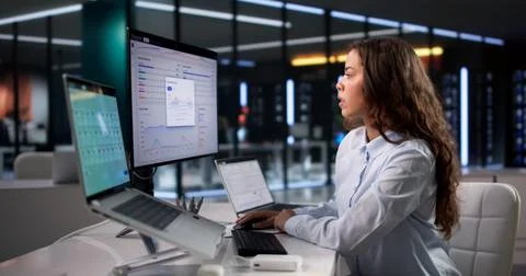 Payroll Manager Uses Laptop Software To Process Employee Salaries Securely An Foto stock