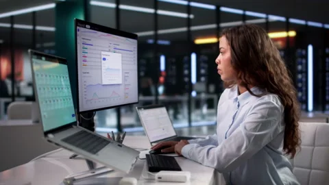 Payroll Manager Uses Software On Laptop Stock Footage 335459647