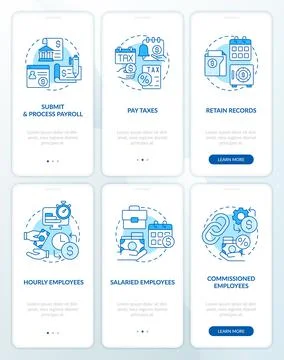 Payroll processing blue onboarding mobile app screen set Stock Illustration