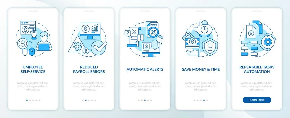 Payroll processing software pros blue onboarding mobile app screen Stock Illustration