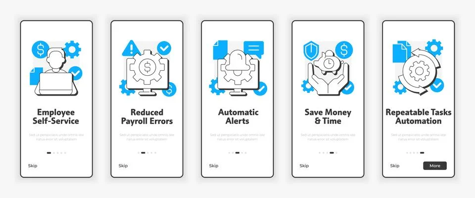Payroll processing software pros mobile onboarding screen Stock Illustration