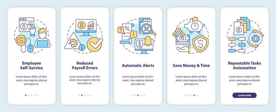 Payroll processing software pros onboarding mobile app screen Stock Illustration