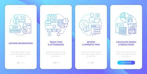 Payroll processing stages blue gradient onboarding mobile app screen Stock Illustration
