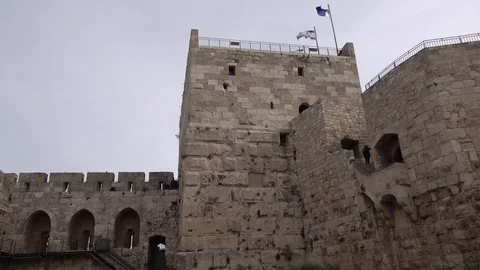 Pazael Tower view from Tower of David. Isral Flag above Video stock 121325558