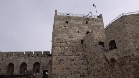 Pazael Tower view from Tower of David. Isral Flag above Stock Footage 121327773