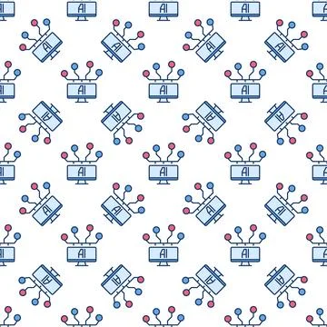 PC with AI vector Artificial Intelligence colored seamless pattern Stock Illustration