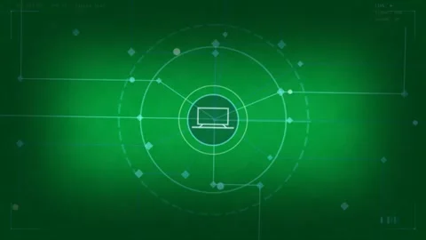 PC appearing rings expanding spokes extending nodes circulating showing network Stock Footage 333972146