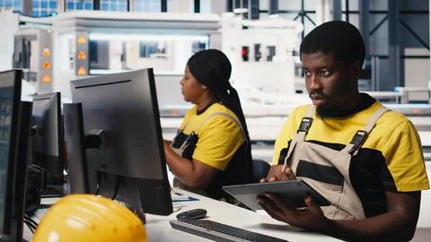 PC based solar technician reviews automation data in production factory Stock Photos