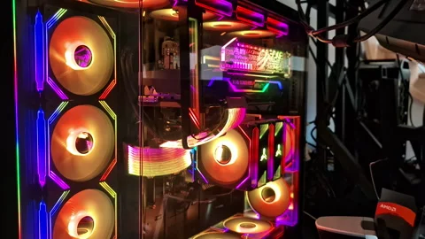PC build light up cooling system see through plastic shell high performance 動画素材 310338082