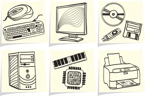 Pc components and peripheral devices sketches on yellow memo sticks Stock Illustration