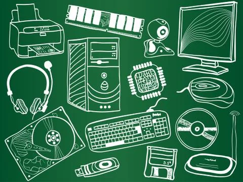 Pc components and peripheral devices sketches on school board Stock-Illustration