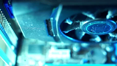 PC components in dust. Extra close-up, video card fan, dirty and fiery. It Stock-Footage 101872412