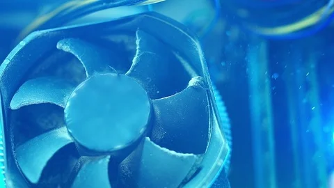 PC components in dust. Extra close-up macro CPU fan. Near the dust, it starts to Stock-Footage 101874991