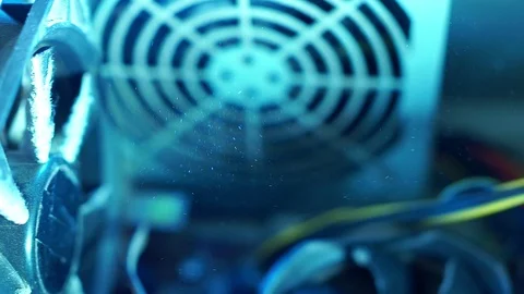 PC components in dust. Extra close-up fan power supply. He does not work. Dust Video stock 101949001