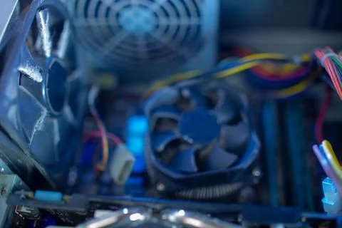 PC components in dust. macro CPU fan soft focus. It does not work, in dust and Stock Photos